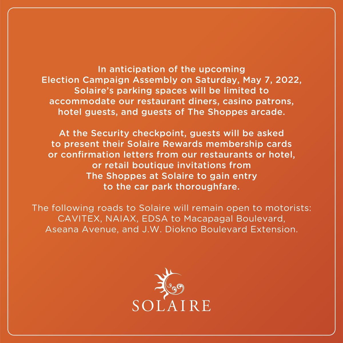 rodmagaru's tweet photo. Solaire Resorts &amp; City Of Dreams not opening their doors to the BBM-SARA rally attendees who will park without errands inside the hotel. Only those with confirmed booking to resorts and restaurants and with active membership are allowed to park I say GOOD JOB. 

GOODMORNING!🌷 https://t.co/4nY22TXk9L