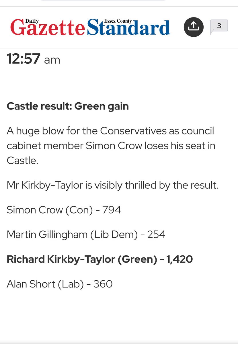 kcufoglu's tweet photo. ๐Castle result: Green gain!
๐A huge blow for the @Conservatives as council cabinet member #SimonCrow loses his seat in #Castle.
โWe're thrilled by the result @ColcGreenParty ๐๐ฅณ๐คฉ
๐Our highest vote yet: @RichardIsGreen (Green) - 1,420!
๐ป@TheGreenParty ๐ป@EastGreenParty https://t.co/TflHt1qLua