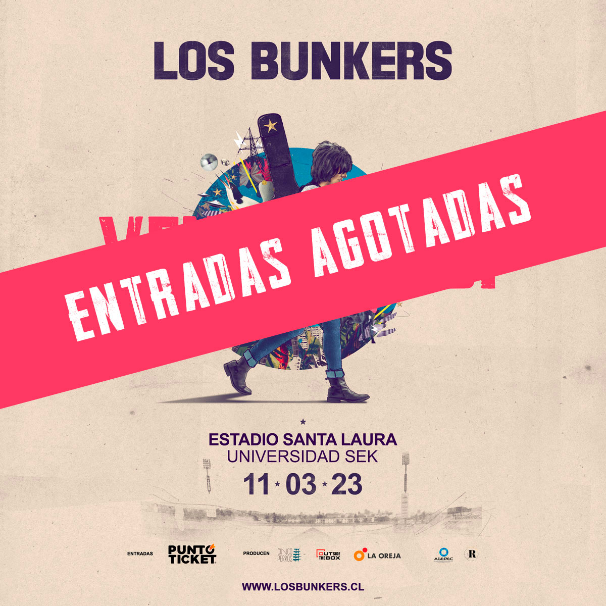 Los_Bunkers's tweet photo. (1) Amigas y amigos, no tenemos palabras para agradecer todo vuestro cariño. Han agotado en pocas horas el show #VenAqui en el Estadio Santa Laura, lo cual tiene nuestros corazones gozando de una maravillosa calidez. https://t.co/Ub7F9sWv3E