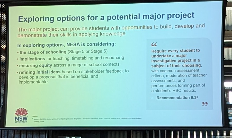 What about a Yr. 13 option <a href="/NewsAtNESA/">NSW Edu Standards</a> for the major project? 

Could be a great alternative to a gap year &amp; a benefit for university entry as they'd enter with maturity, relevance, self management, self regulation &amp; a wider exposure to the real world! 
#aisnswpathways #edreform