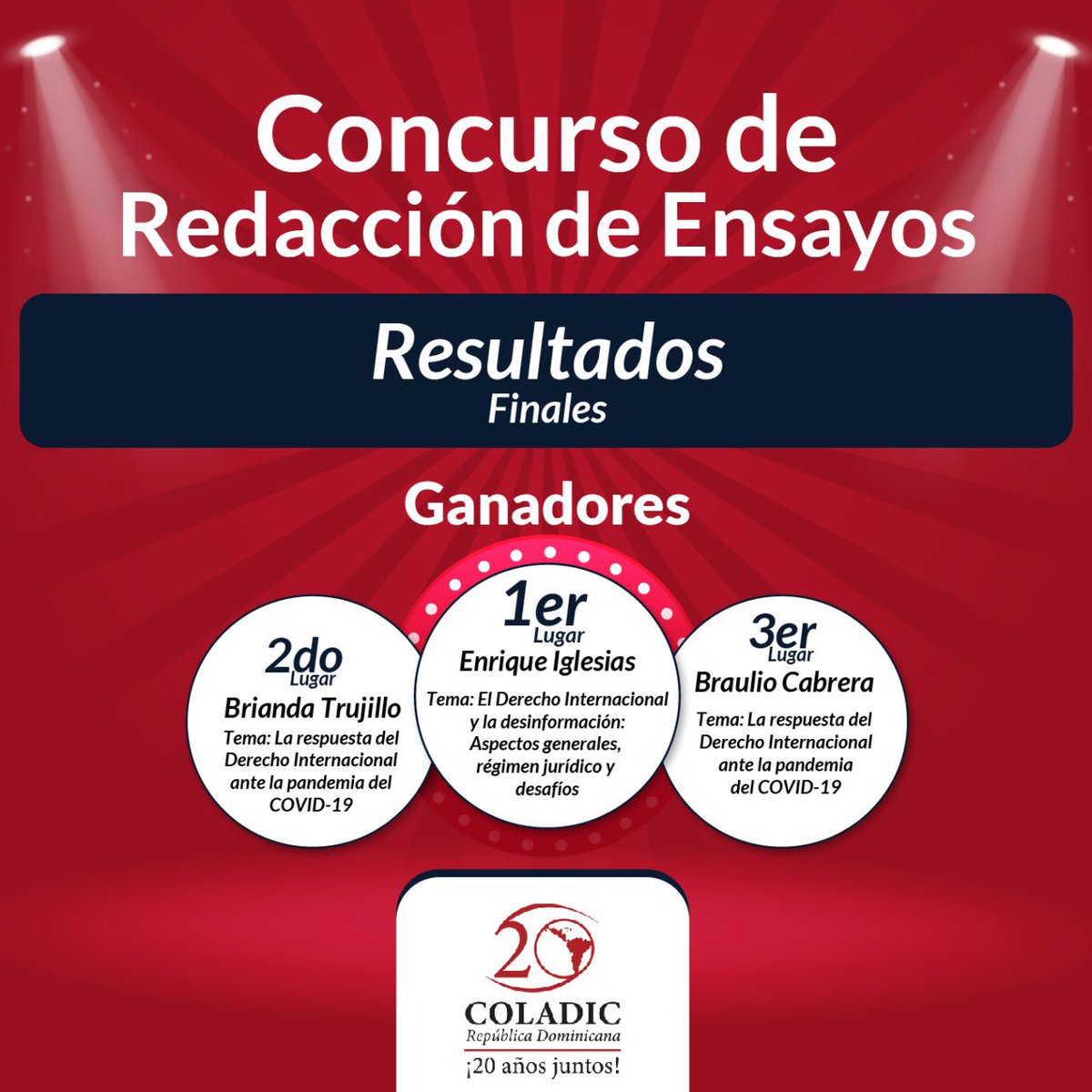 coladicrd's tweet photo. Les compartimos los resultados finales del Concurso de redacción de ensayos:

1er lugar: Enrique Iglesias, bajo el tema El derecho internacional y la desinformación: aspectos generales, régimen jurídico y desafíos. https://t.co/9Gqlkh5I8j