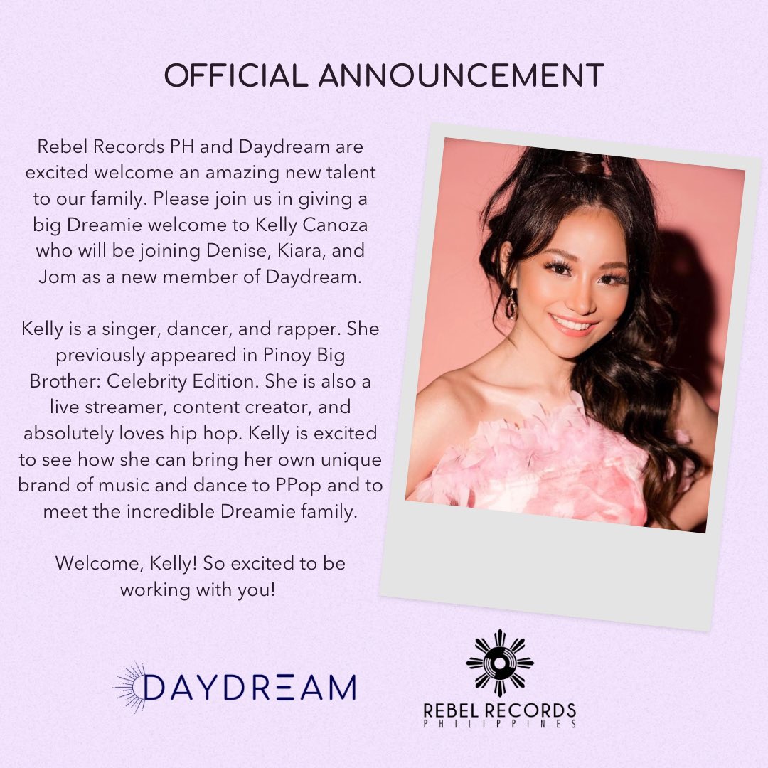 rebelrecordsph's tweet photo. Official DAYDREAM Announcement. @wearedaydreamph #HelloDaydreamKelly https://t.co/E8TOnrmquP