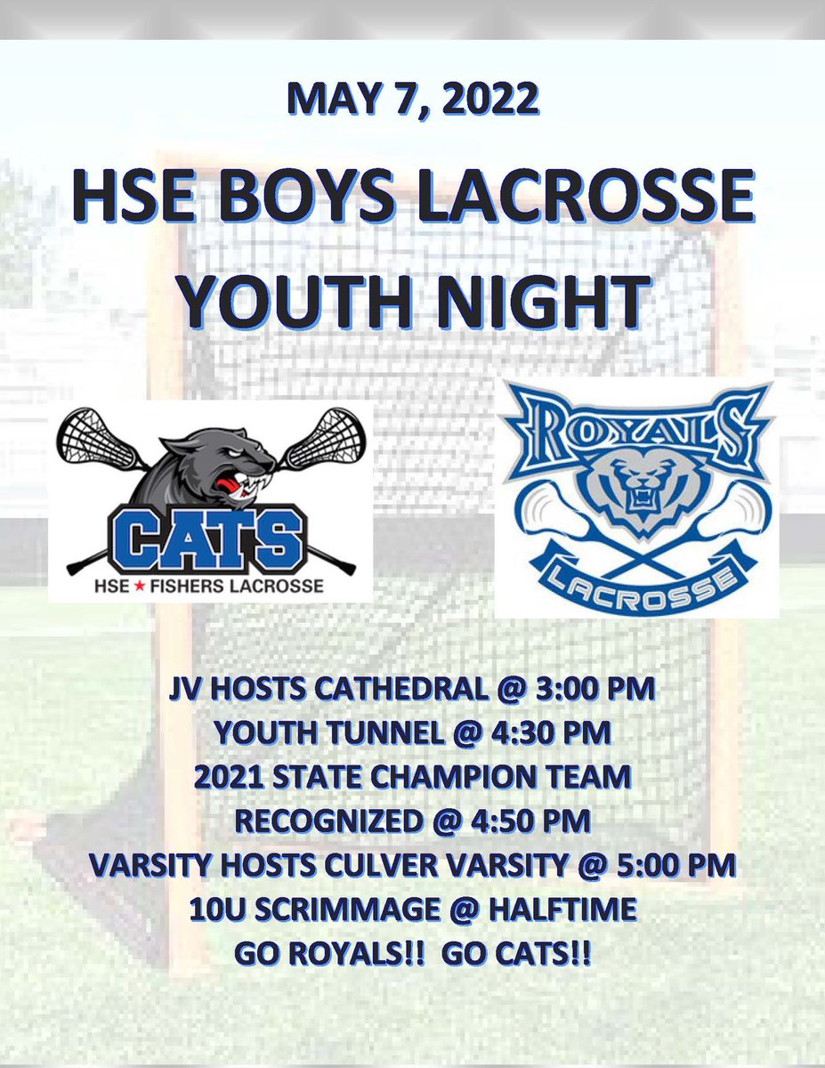 Following up a hard fought Mudsock game this week, HSE Boys Lax will be hosting Youth Night. The evening will include recognizing the 2021 State Champions, as well as an exciting youth game @ halftime of the Varsity game. We look forward to seeing our Cats teams out on Saturday.