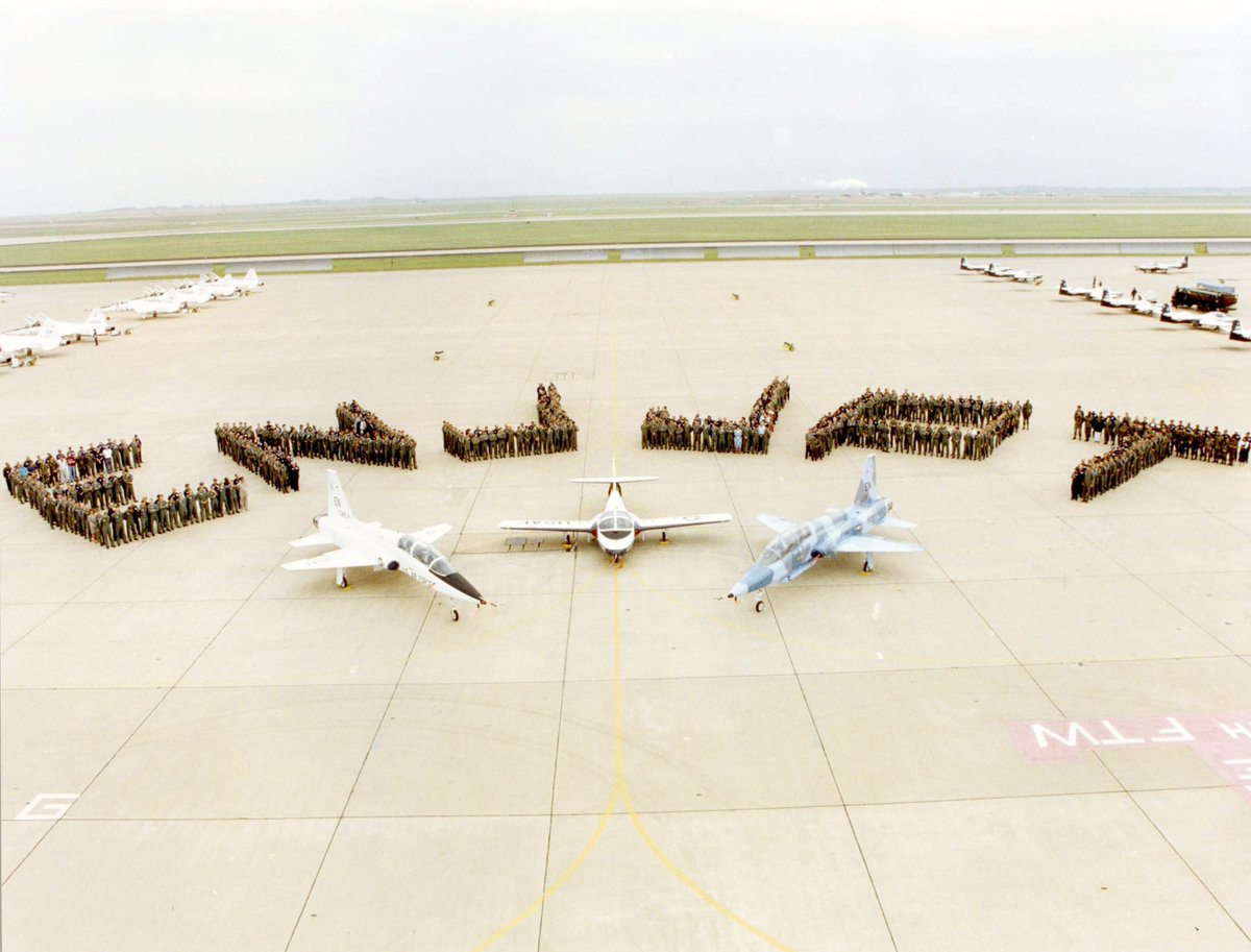 AETCommand's tweet photo. Courtesy @SheppardAFB's Throwback Thursdays, we’re throwing it back to the late 1970s with the @ENJJPT program! Did you know that ENJJPT flies about 250 sorties (practice flights) daily while working to produce combat fighter pilots for NATO? 😱✈️
#AF75 #AFheritage #AFhistory https://t.co/g0kgR9wIe1
