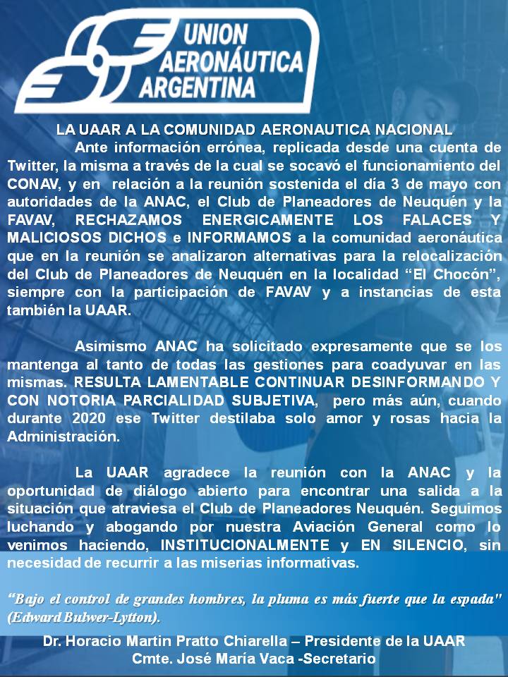 <a href="/fada_org/">F.A.D.A</a>
<a href="/FAVAVprensa/">FAVAV</a>
<a href="/ANACargentina/">ANAC</a>
<a href="/ptambu/">Paola Tamburelli</a>
<a href="/SArgAviacion/">Sociedad Argentina de Aviación</a>
<a href="/InfoJst/">infoJST</a>
@JSTsucesos
<a href="/aviacion_al_dia/">Aviación al Día</a>
<a href="/aviacionline/">Aviacionline.com</a>
<a href="/HANGARX/">HANGAR X - Aviación | Noticias</a>
<a href="/CamaraVuelo/">Cámara Argentina de Escuelas de Vuelo</a>
<a href="/hangar_sa/">Hangar Uno SA</a>
<a href="/conavok/">CONAV</a>
<a href="/jomava42/">Jose M Vaca</a> 
<a href="/cflupianez/">Rufu EscuelaDeVuelo</a> 
<a href="/SArgAviacion/">Sociedad Argentina de Aviación</a> 
<a href="/DiegoDMartinez/">Diego Martinez</a>