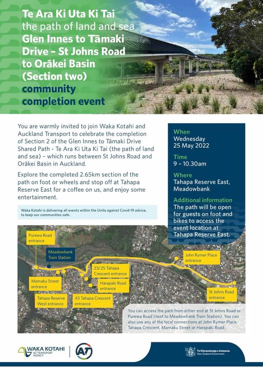 We are beyond excited that stage 2 of the Glen Innes to Tāmaki Drive Shared Path - Te Ara Ki Uta Ki Tai (the path of land and sea) is opening at the end of May and you are all invited to celebrate the opening on 25 May at 9am. More details below.