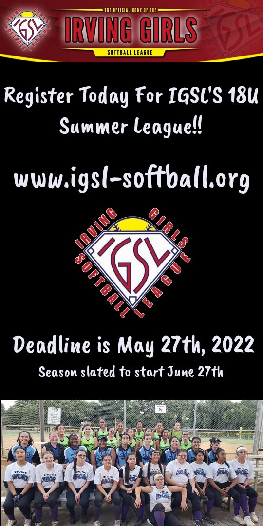 IGSLinfo's tweet photo. 📣 Calling all High School Softball Players!! 📣

18U Summer Registration is currently open!!
Sign up today at https://t.co/aXP440eAbv 

18U Summer Season is slated to start June 27th!

#IGSL #Softball #GirlsSoftball #FastPitch #IrvingTX #SouthwestPark #SummerSeason https://t.co/qH73CMyddC
