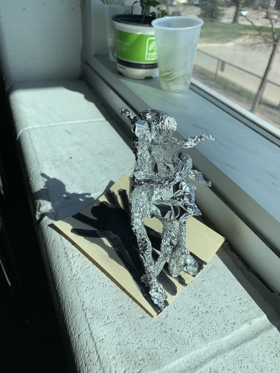 Exploring sculpture and shadows in Art 🎨 Students had so much fun working with their hands to create these tin foil figures!