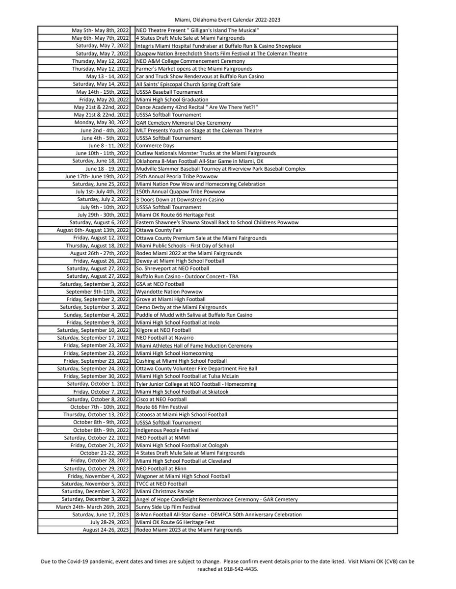 visitmiamiok's tweet photo. Updated!  We shared earlier today and have added a few more events!  Come see us soon in #MiamiOK. https://t.co/9rnQ2GYSSm
