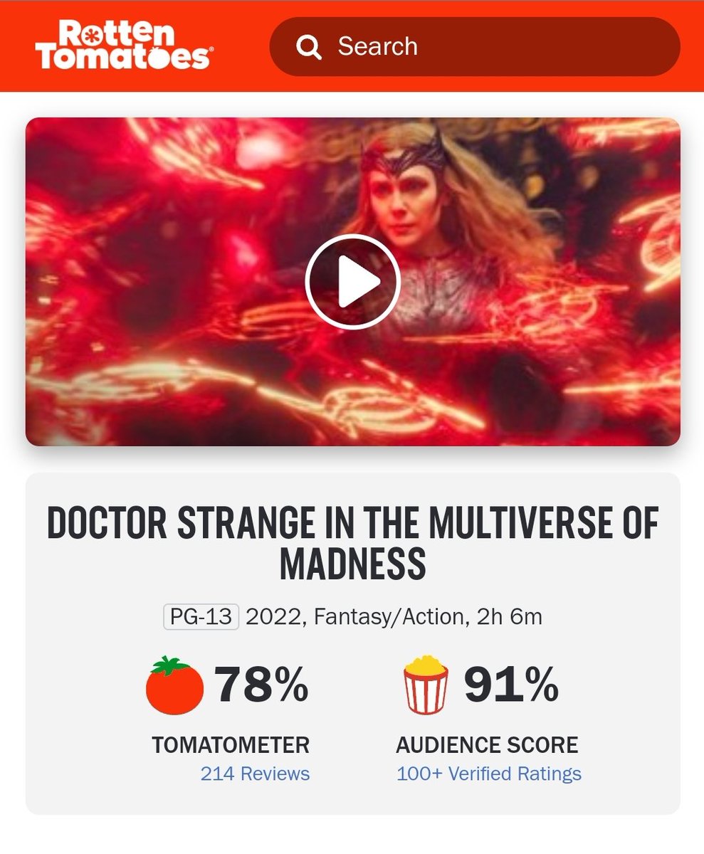DiscussingFilm's tweet photo. #MultiverseOfMadness is now 78% on Rotten Tomatoes with 214 reviews.

Read our review: https://t.co/PK7ntXRvk0 https://t.co/17KbNVwMs0