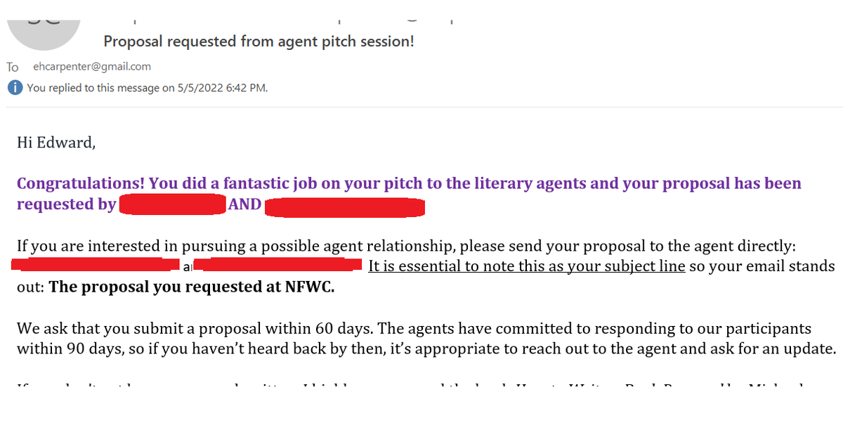 E_H_Carpenter's tweet photo. @catherineveaton Thanks to what I learned in your class, I was told in the live session yesterday at the Nonfiction Writer's Conference that BLUE HELMET was the best pitch they heard from a technical perspective - and then I got this today! https://t.co/xDwcYx5Lci
