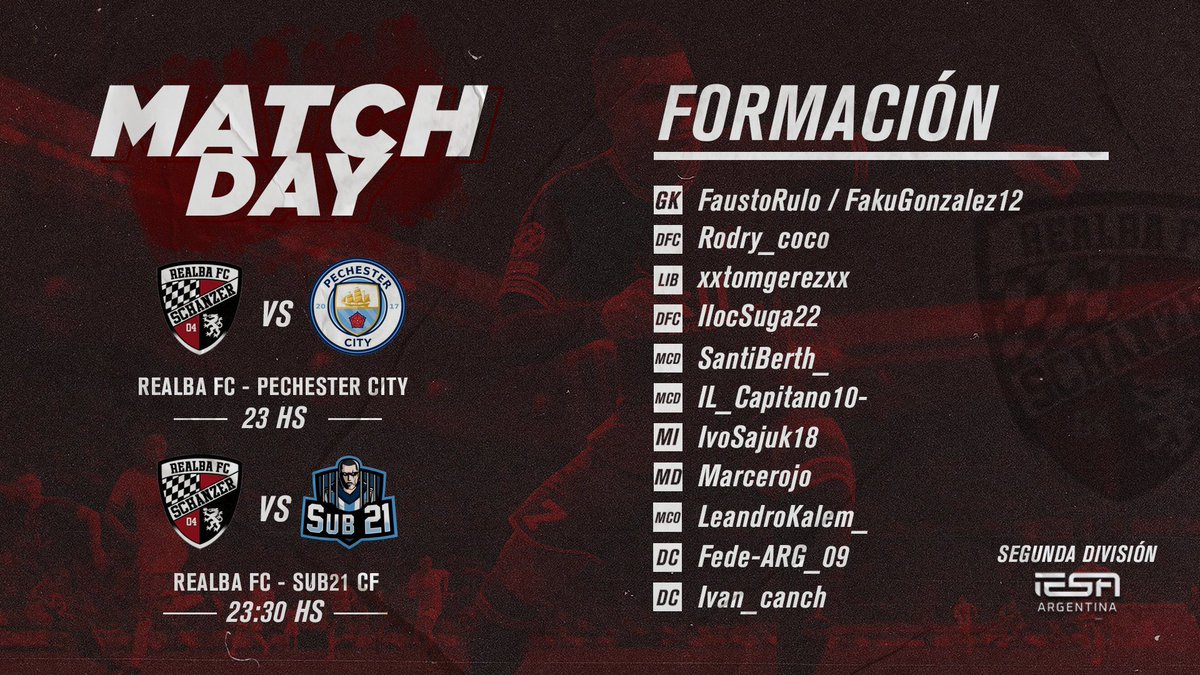 | #FIFA22 | Clubes Pro |
 Segunda División <a href="/IESAFIFAar/">IESA Argentina</a>

⚽ Convocados de la Jornada 
 
Correspondientes a las fechas 6 y 7 el rojinegro se enfrentará ante <a href="/PechesterCity/">Pechester City</a> y <a href="/Sub21Cf/">SUB 21 CF</a> 

Desde las 23hs x twitch.tv/realbafc_ofici…

#VuelveRealba🖤❤️🖤
