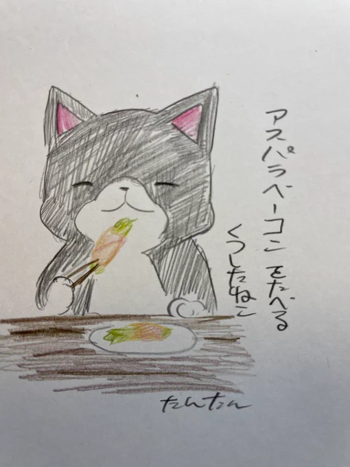 アスパラベーコンを食べるくつしたねこ

#イラスト #猫 