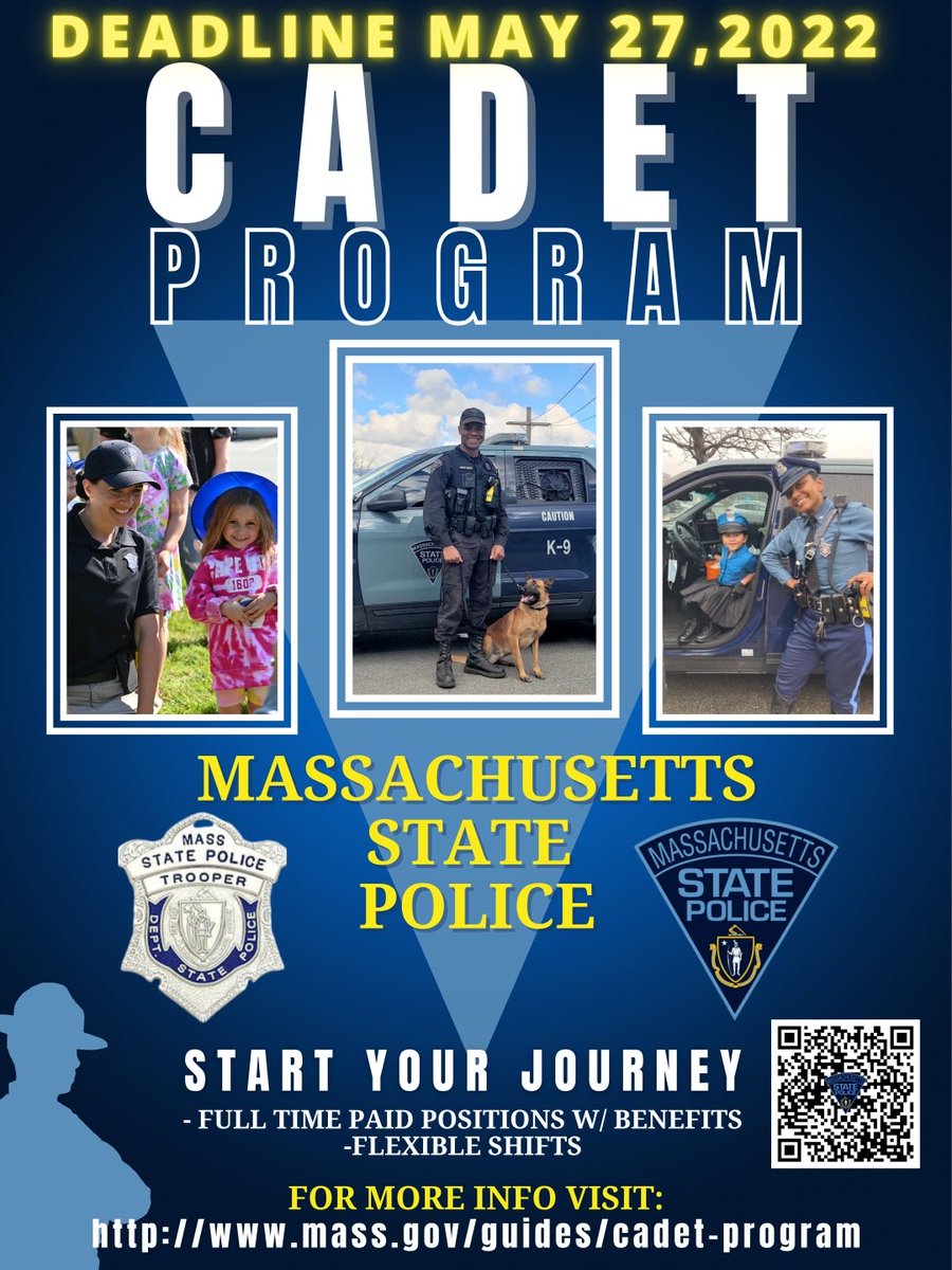 Interested in potentially starting a new career to protect and serve our Commonwealth? Check out the Massachusetts State Police program! Follow the link to learn more. mass.gov/guides/cadet-p…