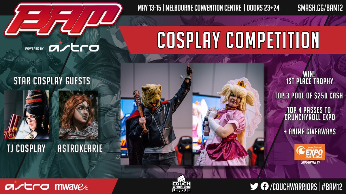 In Melbourne? Love cosplay? 🧵 Our friends at @CouchWarriors are hosting the BAM12 Cosplay Competition on Sun May 15! Join them in your best fighting game cosplay for a chance to win a bunch of great prizes, including tickets to Crunchyroll Expo Aus! 💥 weareani.me/avy7us