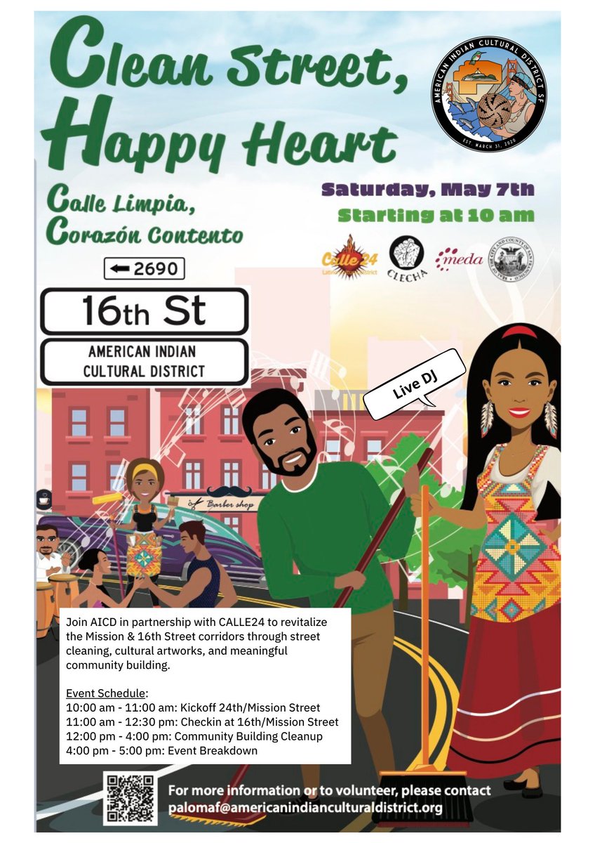 aicdsf's tweet image. Join @Calle24SF in partnership with @aicdsf for the Calle Limpia Corazon Contento Program Launch on Saturday, May 7 as we kick off the first event! AICD will be at 16th St./Mission St. with a live DJ &amp;amp; live mural. #Unity #AICD #IndigenizeSF #Community ❤️