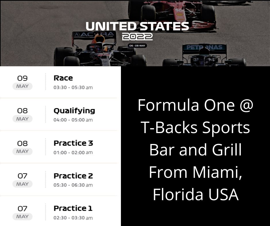 tbacksbbq's tweet photo. Formula One Racing this weekend from Miami, Florida USA live at T-Backs. Practice starts at 2:30am on 5/07 and the race is on live at 3:30am 5/09. Full schedule is on flyer. #formulaone2022 #formulaone #FormulaOneMiami #angeles #tbacksisgood #AngelesCityPampanga
#angelescity https://t.co/Boy8YL3jE2