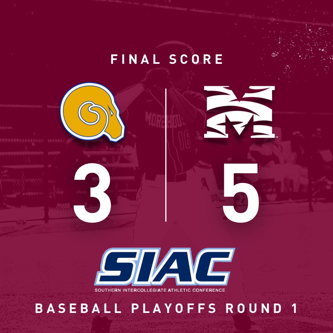 Morehouse's tweet photo. In first round @TheSIAC Baseball Championship action the Morehouse Baseball (12-23) fleeced the Golden Rams of Albany State (27-13) by a final score of 5-3! Round two starts tomorrow! ⚾️🔥 https://t.co/hutUrWJ96T