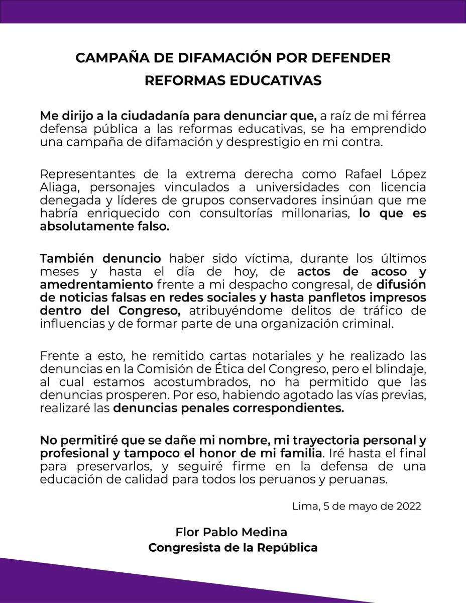 #COMUNICADO 
Denuncio que por mi férrea defensa a las reformas educativas vengo siendo víctima de una serie de ataques y una campaña difamatoria.

He tomando las acciones legales correspondientes.

Seguiré firme en mi defensa de una educación de calidad para todos los peruanos.🇵🇪