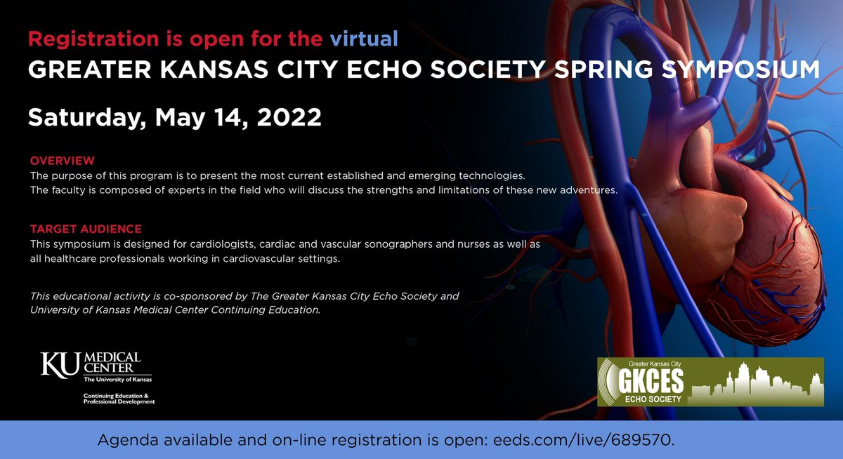 LVkuzava's tweet photo. Join us on 5/14 for a virtual echo symposium hosted by the Greater Kansas City Echo Society!

$50 registration fee covers:
🫀 8.5 CME credits for sonographers 
🫀 8.4 CNE credits for nurses 
🫀 7.0 AMA PRE credits for physicians 

#echofirst https://t.co/KPntVHwRD1