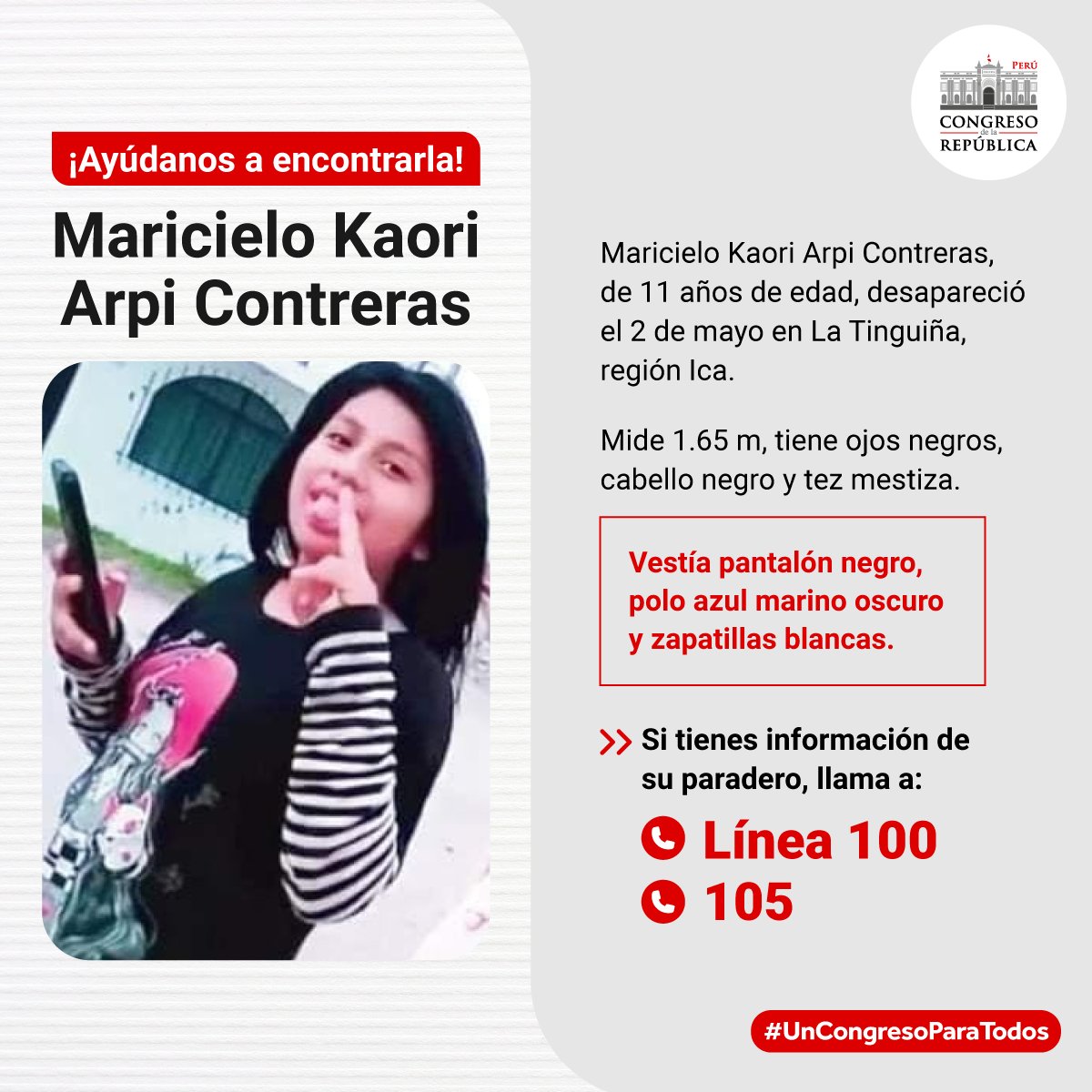 congresoperu's tweet photo. #TuCongresoInforma | ¡Ayúdanos a encontrarla! Maricielo Arpi, de 11 años de edad, desapareció el 2 de mayo en la Tinguiña, región Ica. Si tienes información de ella, que ayude a ubicarla, comunícate a la Línea 100 o al 105. https://t.co/roUBQYkIo4