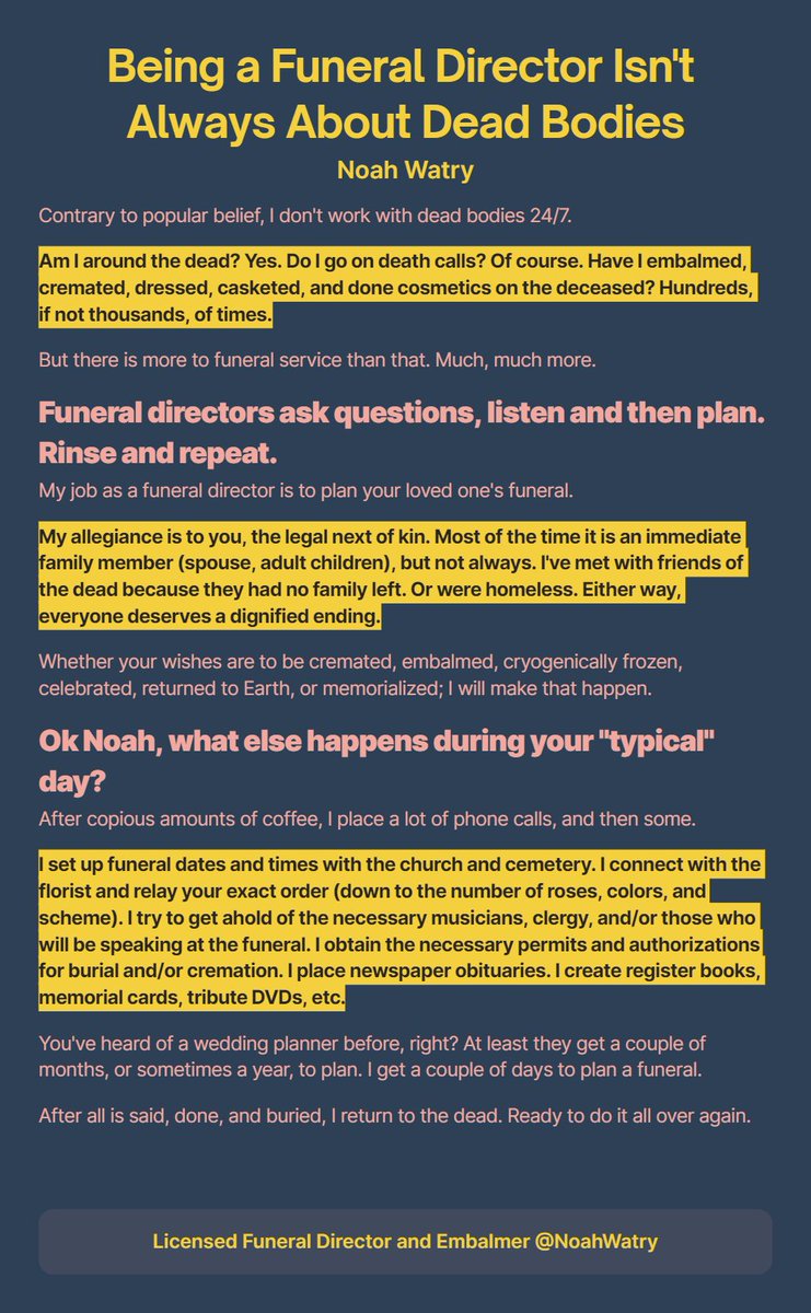 NoahWatry's tweet image. All my friends are dead. Ok, maybe not all of them. I have colleagues and families that I serve, too.

Some have become great friends. Others have become mentors. At the end of the day, though, I have a job to do. This is what I do.

#ship30for30 #mortician #funeralservice