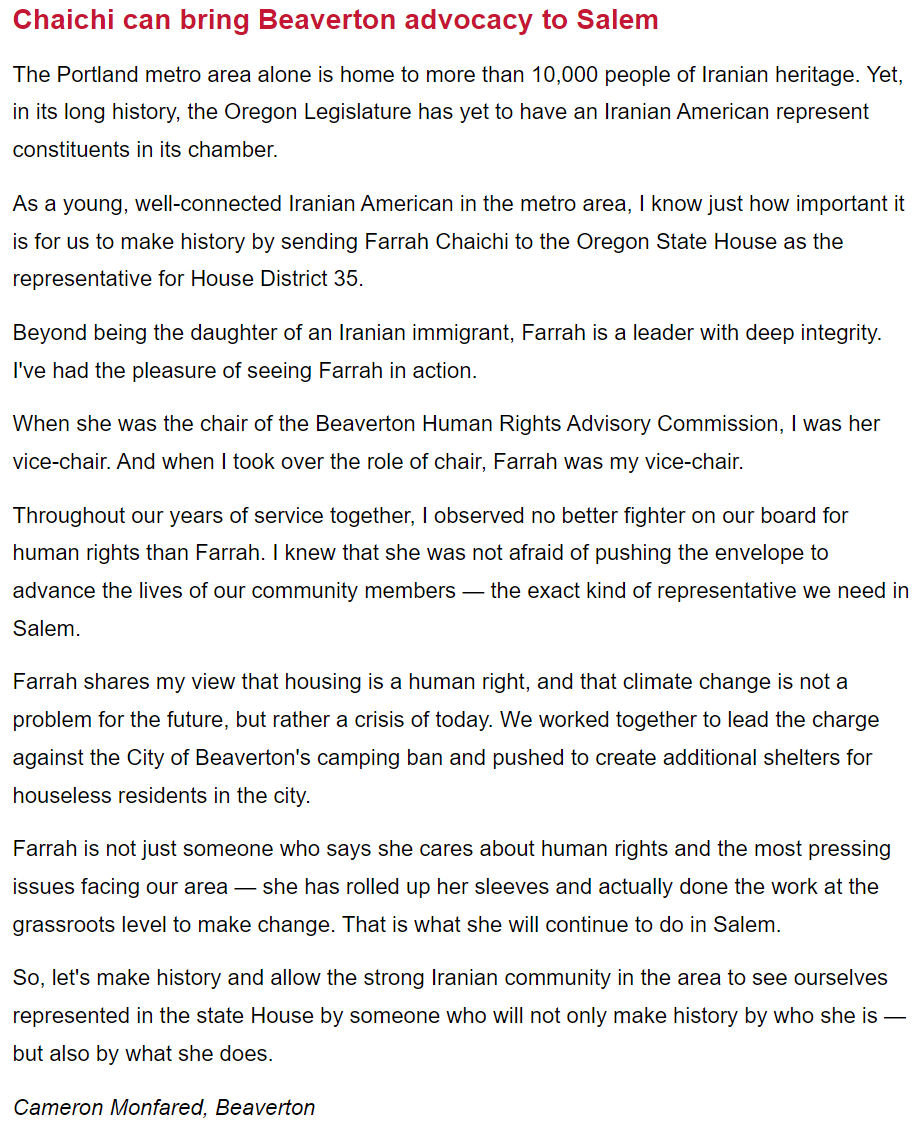 ChaichiforOR's tweet photo. LTE today from a fellow #Beaverton Human Rights Advisory Commissioner, Cameron. We worked hard on that committee and I look forward to continuing to work for human rights in Salem! #platformforhumanity #chaichifororegon https://t.co/Zwy1NJu2qi