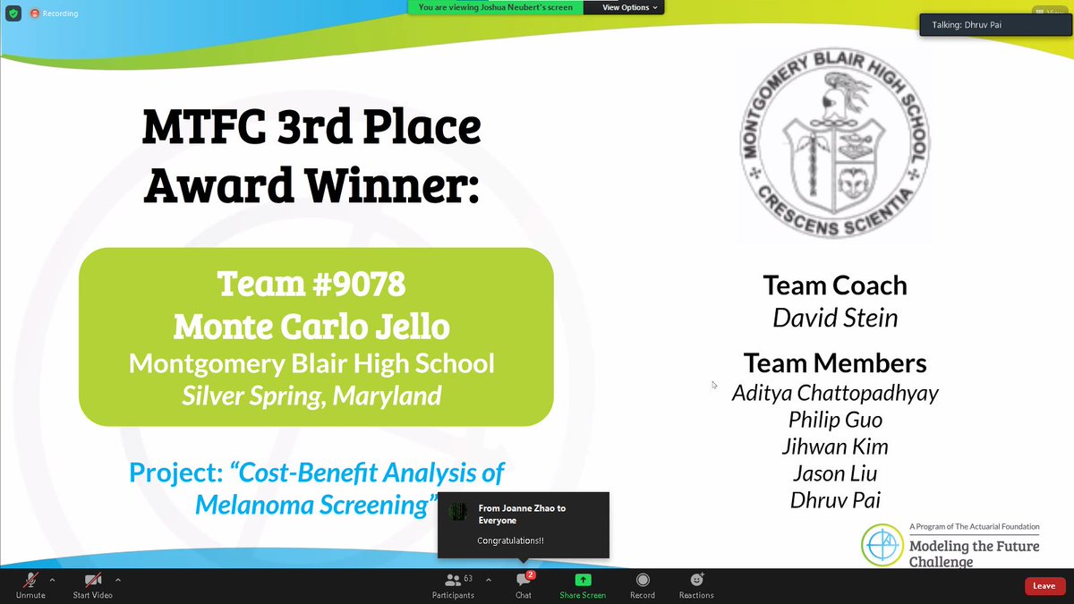 davidstein65's tweet photo. Congratulations to Aditya, Philip, Jihwan, Jason and Dhruv for third place nationally and $10,000 scholarship in The Modeling the Future Competition from @actuarialfound #goblazers @blairprincipal @blairmagnet https://t.co/5d8i6LqxiN