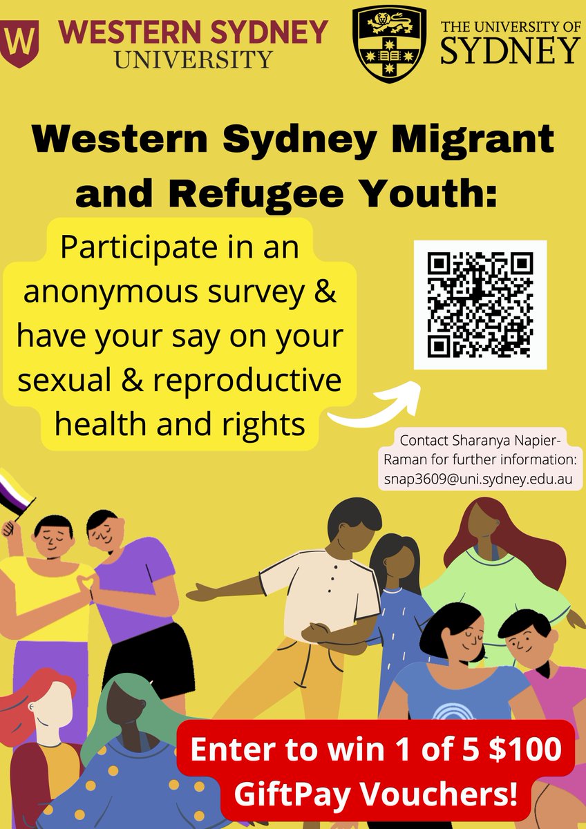 S_RatcliffePhD's tweet photo. Are you 16-26 years, living in #WesternSydney from a #migrant or #refugee background? 
Participate in this anonymous, 10-15minute, online survey about #SexualHealth and enter a draw to win 1 of 5 $100 GiftPay vouchers. 
For details and participation, visit https://t.co/RbA5efWd7Y https://t.co/csL18sNBTO