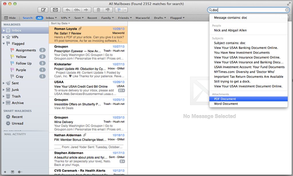 Screenshot of Mail.app with a middle column listing emails showing the sender, subject, date, and message excerpt.