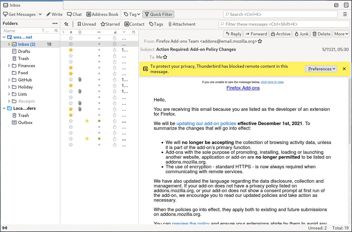Screenshot of Thunderbird with an illegible middle column listing emails.