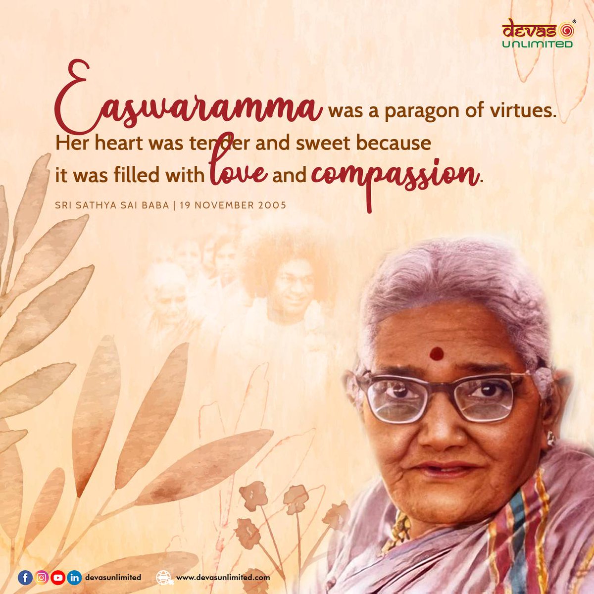 DevasUnlimited's tweet photo. This #EaswarammaDay 👵🏽, let us embody the love and compassion Mother Easwaramma so simply shared with all of creation. 

#SriSathyaSai #Easwaramma #MotherEaswaramma #SathyaSai #Sai97 #Eshwaramba #DevasUnlimited https://t.co/YFdufIqTaV