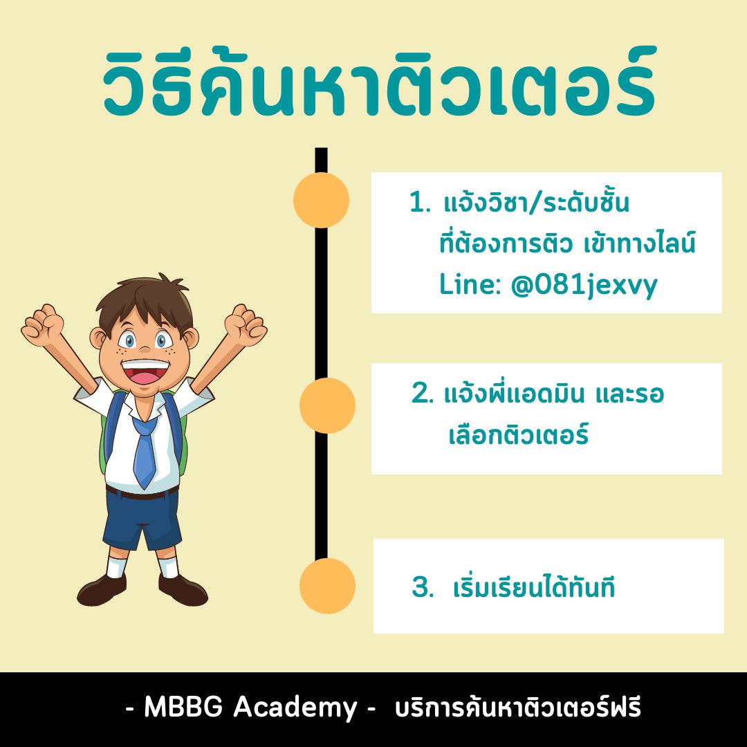 mod1_13's tweet photo. MBBG academy รับสอนพิเศษทุกวิชา ทุกระดับชั้น มีติวเตอร์ให้เลือกกว่า 700คน น้องๆไม่ต้องเสียเวลาไปติวเตอร์เอง บริการค้นหาแบบSpecial only you ฟรีไม่บวกเพิ่มน้า 
line: @081jexvy 

#ติวเตอร์ #หาครูสอนพิเศษ #กวดวิชา #ภาษาญี่ปุ่น #ภาษาจีน #ติวสอบ #เรียนออนไลน์ #เรียนIELTS #ภาษาอังกฤษ https://t.co/rbfpWNEsr3