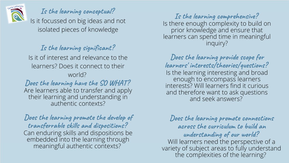 igeeducators's tweet photo. Some questions to consider when designing learning.  #concepts #inquiry #agency #learning https://t.co/uYLFok12No