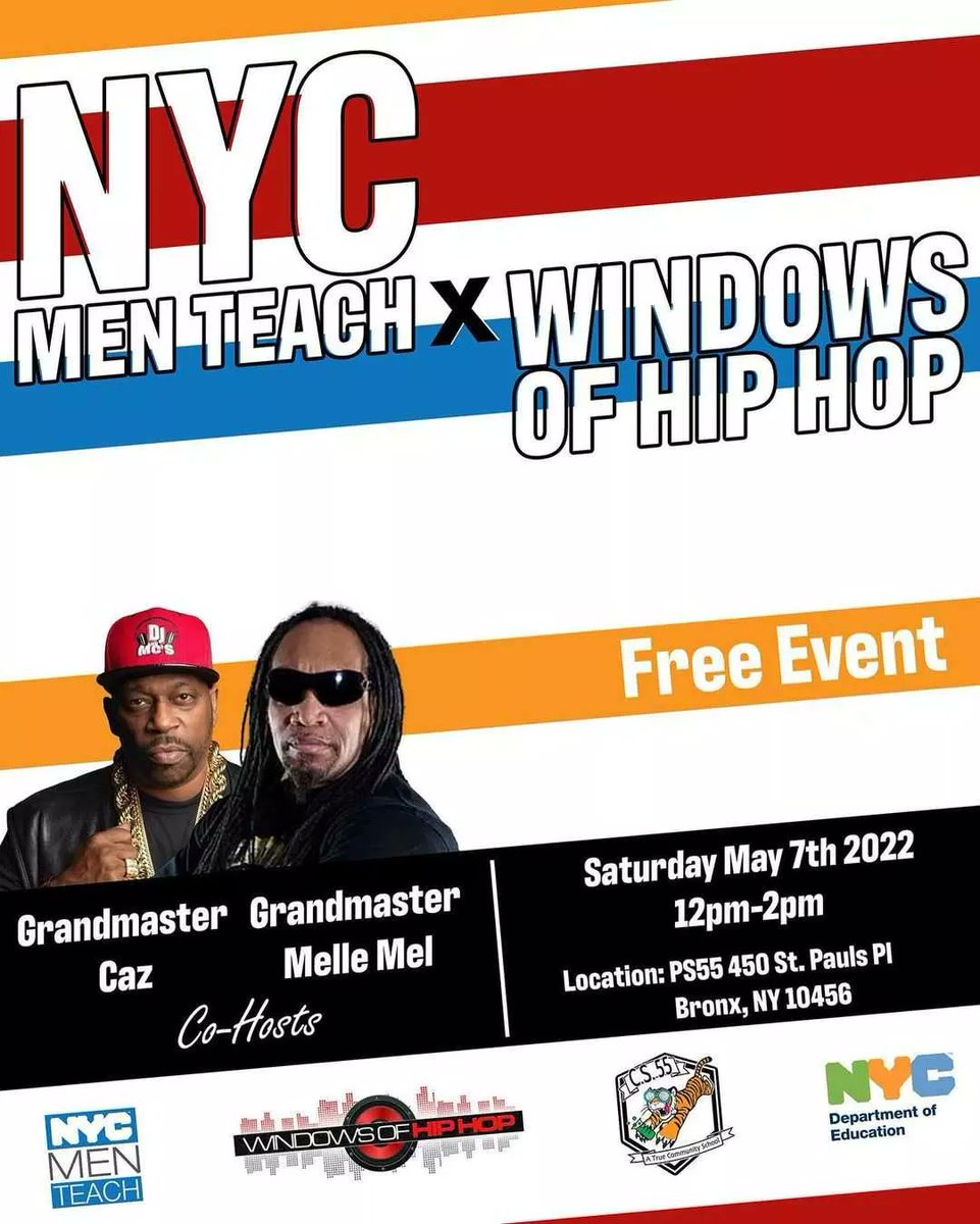 nycmenteachccny's tweet image. 📌 Saturday, May 7th @ 12 PM 📌

Join @nycmenteach and @WindowsofHipHop at P.S. 55 in the Bronx for a day of empowerment through the arts.

Don't miss this Free Event!

#NYCMenTeach #WindowsOfHipHop #bronxweek2022 #hiphop #beats #breakdancing #graffitiart
#mcing #workshop #youth