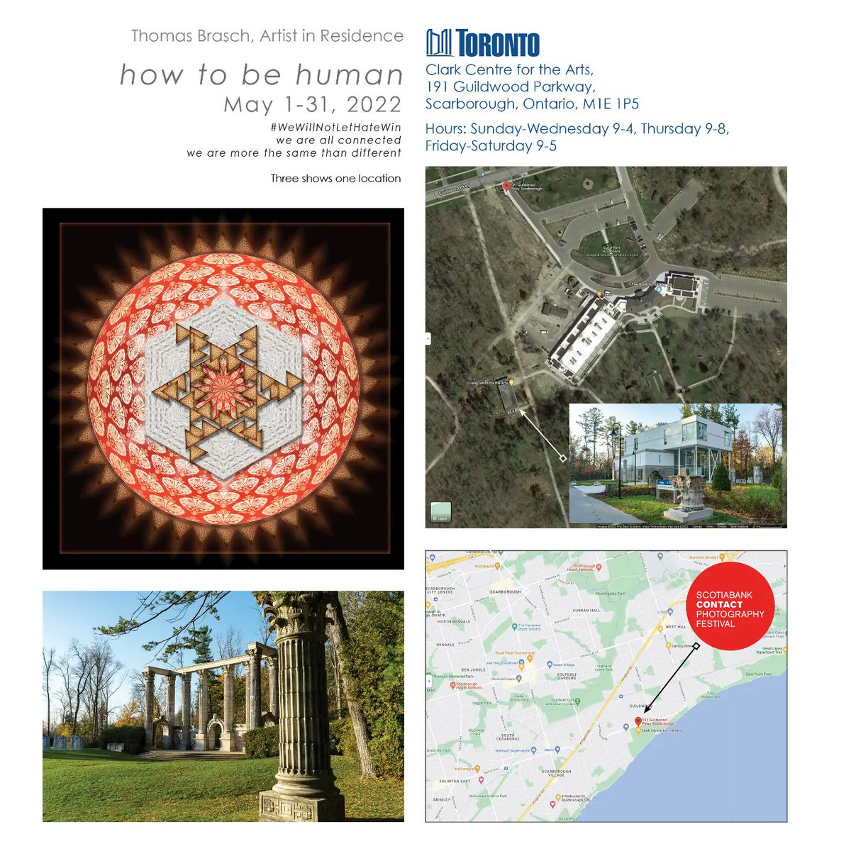 ThomasBrasch's tweet photo. #contactphoto show, "how to be human" by Brasch, from May 1-31 at the #theclarkto at the Guild Park, 191 Guildwood, pkwy, #scarboroughto - #thingstodoto - exhibit includes unique aspects of #Toronto and commemorative restorative lens-based art https://t.co/YMWeDB8zzs