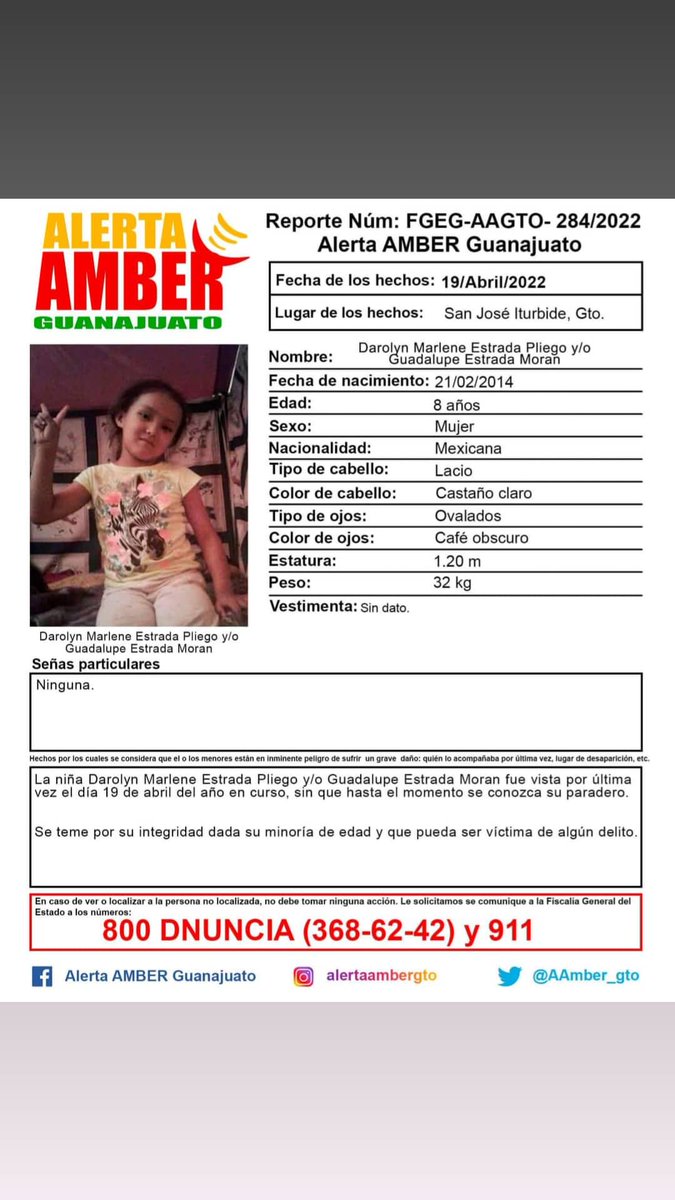teresanchez3006's tweet photo. #AlertaAmberparaDarolynMarleneEstradaPliego#tevoyaencontrar y/o GuadalupeEstradaMoran(Nombre falso que se encargo de ponerle su papá JoseAntonioEstradaRangel)Activación de la AlertaAMBERGuanajuato de la niña DarolynMarleneEstradaPliego de 8 años de edad,San José Iturbide,Gto. https://t.co/BbBm61n9oi