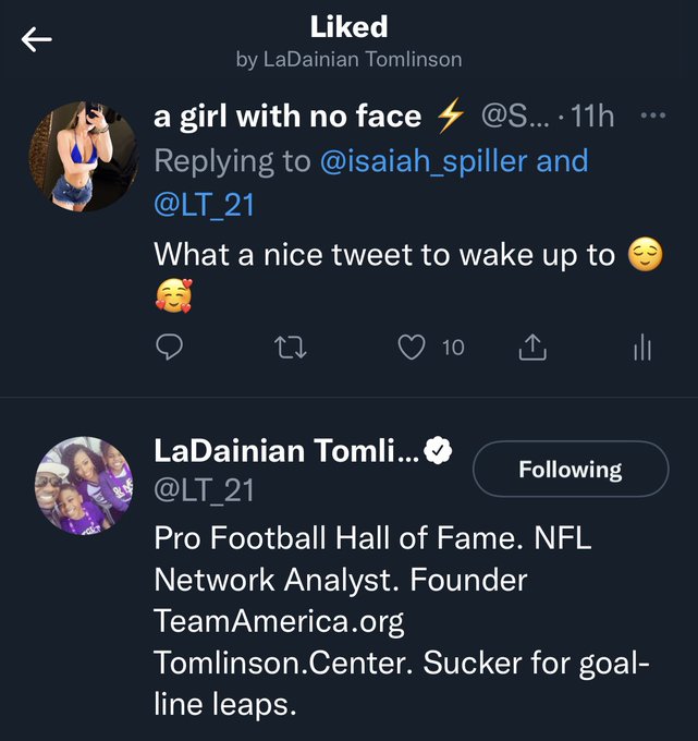 LaDainian Tomlinson liked my tweet omfg my life is complete ??? https://t.co/px216e2RIc