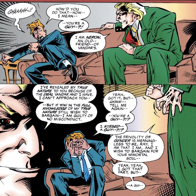 BenJMorse's tweet photo. I think Ray #19 may be a dark horse candidate for my favorite Neron appearance thus far. Priest has a way with this type of character—he wrote a wicked Mephisto in Black Panther—and shows it here.
#UnderworldUnleashed https://t.co/Tm79EyU1AO