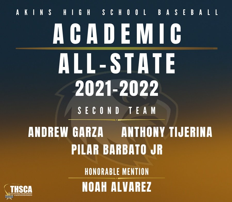 Akins_Baseball's tweet photo. Special shout out to seniors Anthony Tijerina, Andrew Garza, &amp; Pilar Barbato for making 2nd team for the 21-22 Academic All-State selection, &amp; Noah Alvarez for receiving HM. Congrats on your achievement academically &amp; on the field! @Coach_TaylorAHS  @AkinsAISD @akinsathletics https://t.co/oaiN2xNCKz