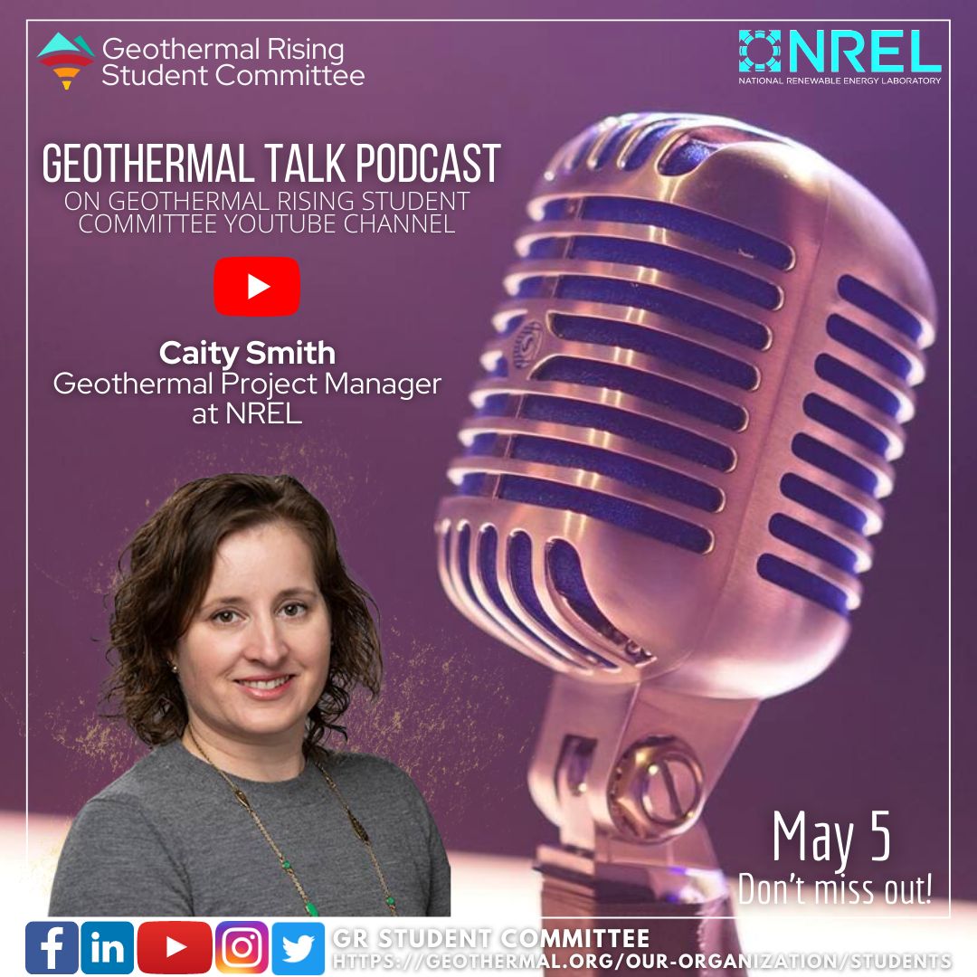 WING_geothermal's tweet photo. The first podcast on #GeothermalRising Students Committee's YouTube channel is with Caity Smith, who is the #geothermal project manager at the National Renewable #Energy Laboratory #NREL

Link to our channel:
Geothermal Rising Student Committee - YouTube:
https://t.co/911UG9yOi0 https://t.co/TacKR7ealH