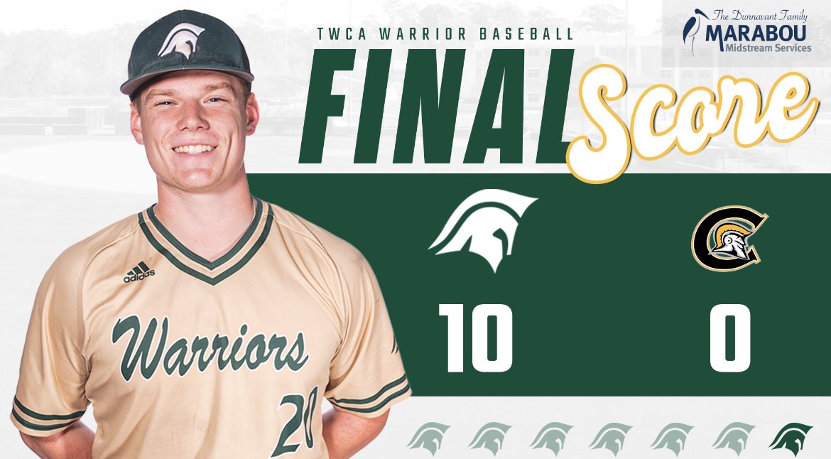 Warriors advance to the Area Round to face Second Baptist. 

Carson Queck 1-2 2B
Arrington Eason 1-4 2B RBI
Chase Fuentes 1-2 3B
Augie Andersen 2-3 2B 2 RBIs
Ryan Lovell 2-3 2B RBI
Drew Yeary 1-1 2B 2 RBIs
Jaden Scrushy 1-3 2 RBIs

WP - Carson Queck 5ip 3 H 11ks