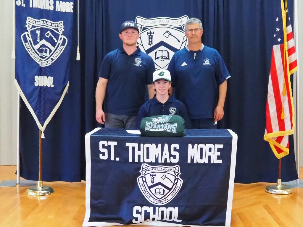 STMCT_Baseball's tweet photo. STM-St Thomas More Baseball. Coach Hetu and Redahan recognize college commitments today ⚾️🇺🇸Sean Lawrence- Castleton University Matt Reyes - Louisburg College and Cam Baker - Keene State ⁦@bhetu46⁩ ⁦@STMChancellors⁩ ⁦@STMCT_Baseball⁩ ⁦@HitTraxOfficial⁩ https://t.co/Y48m8qP71J