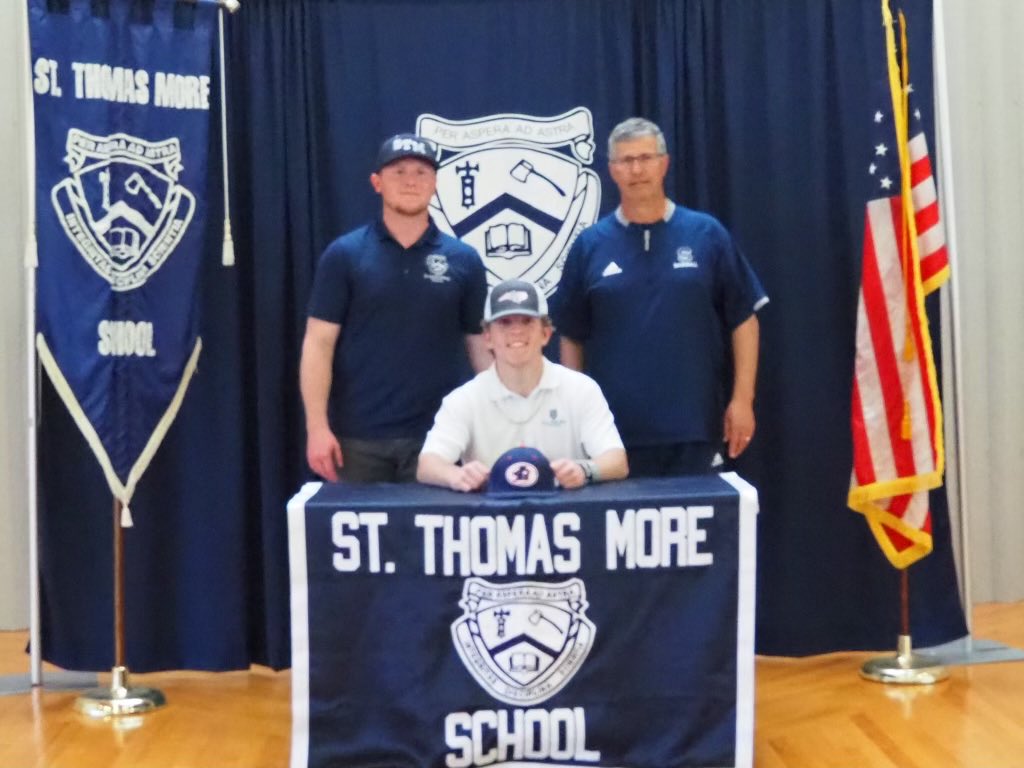 STMCT_Baseball's tweet photo. STM-St Thomas More Baseball. Coach Hetu and Redahan recognize college commitments today ⚾️🇺🇸Sean Lawrence- Castleton University Matt Reyes - Louisburg College and Cam Baker - Keene State ⁦@bhetu46⁩ ⁦@STMChancellors⁩ ⁦@STMCT_Baseball⁩ ⁦@HitTraxOfficial⁩ https://t.co/Y48m8qP71J