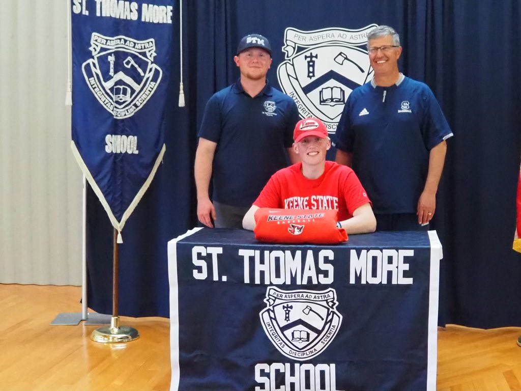 STMCT_Baseball's tweet photo. STM-St Thomas More Baseball. Coach Hetu and Redahan recognize college commitments today ⚾️🇺🇸Sean Lawrence- Castleton University Matt Reyes - Louisburg College and Cam Baker - Keene State ⁦@bhetu46⁩ ⁦@STMChancellors⁩ ⁦@STMCT_Baseball⁩ ⁦@HitTraxOfficial⁩ https://t.co/Y48m8qP71J
