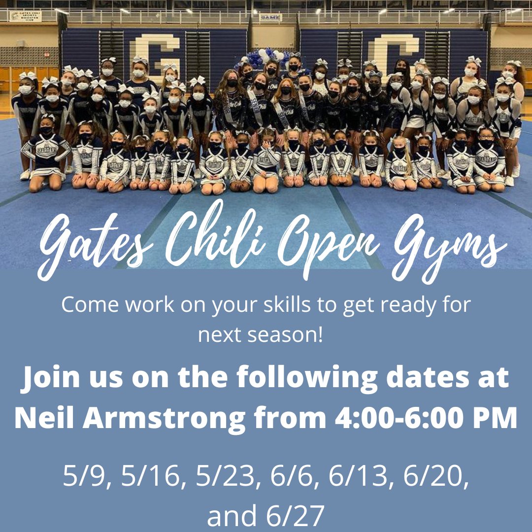 GatesChiliCheer's tweet photo. We’re excited to share our Open Gym Schedule! All cheerleaders interested in trying out in the Fall are encouraged to attend 💙 Brush up on your current skills and work some new ones with our coaching staff! #GCSpartans #GCPride @GCSDSpartans https://t.co/BCPhUmsfEo