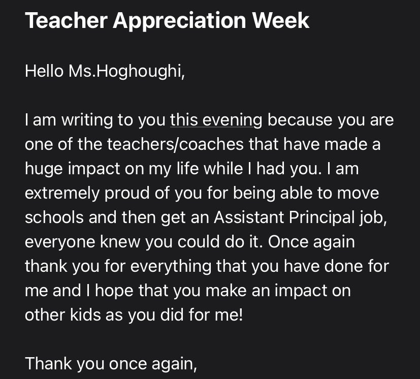 jhoghoughi's tweet photo. Received the best email today from one of my former student athletes! #DayMade #GD2BR ☺️💜 https://t.co/BA1Lf4OiJm