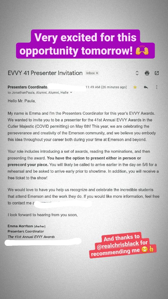 JonPaula's tweet photo. Very excited to have been invited back to my Alma mater, @EmersonCollege to present a pair of awards at the 41st annual #EVVY Awards tomorrow night! 👍😁
Haven't done any public speaking in years, so this should be fun. 😬 https://t.co/kBRwiFwn3v