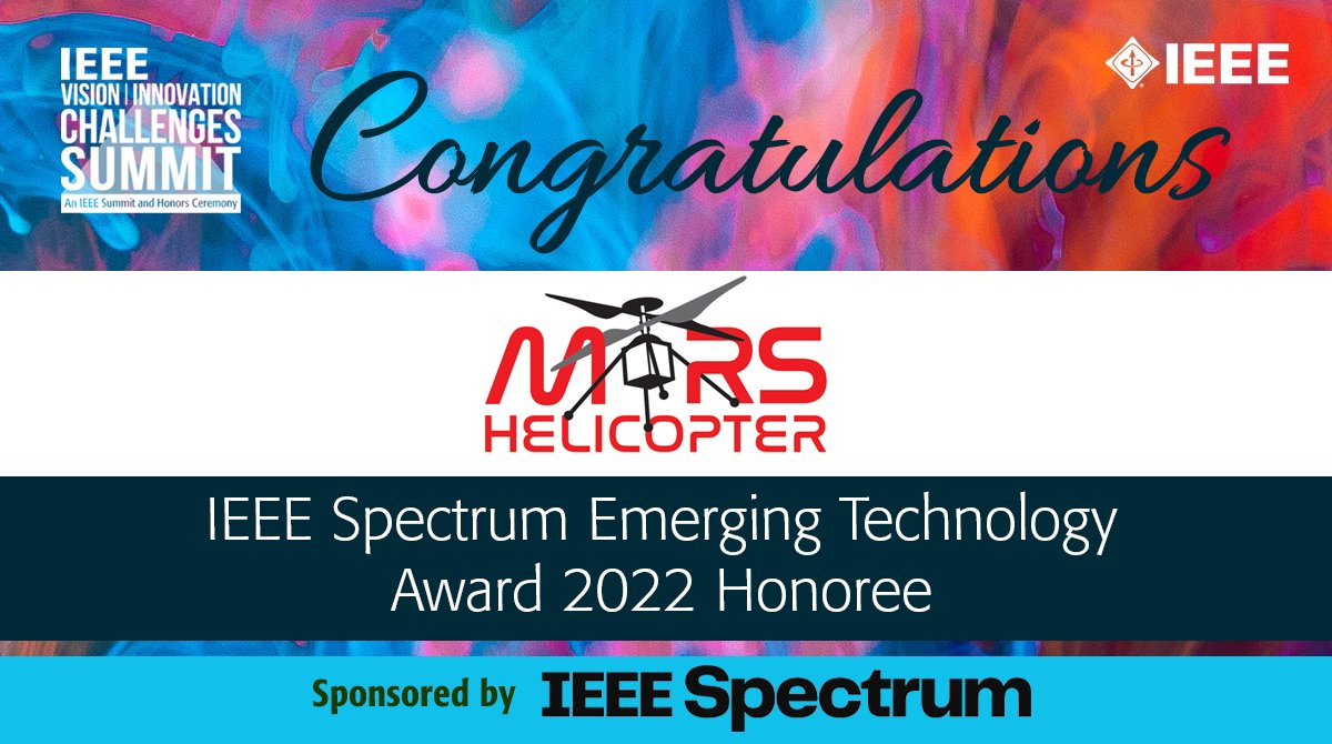 IEEEAwards's tweet photo. Congratulations to @NASAJPL on its 2022 @IEEESpectrum Emerging Technology Award, which recognizes the #EmergingTechnology having the greatest potential to achieve financial success in broad #commercial application:https://t.co/pLHFpWbnHV #IEEEAwards2022 https://t.co/xKQBv12lgc