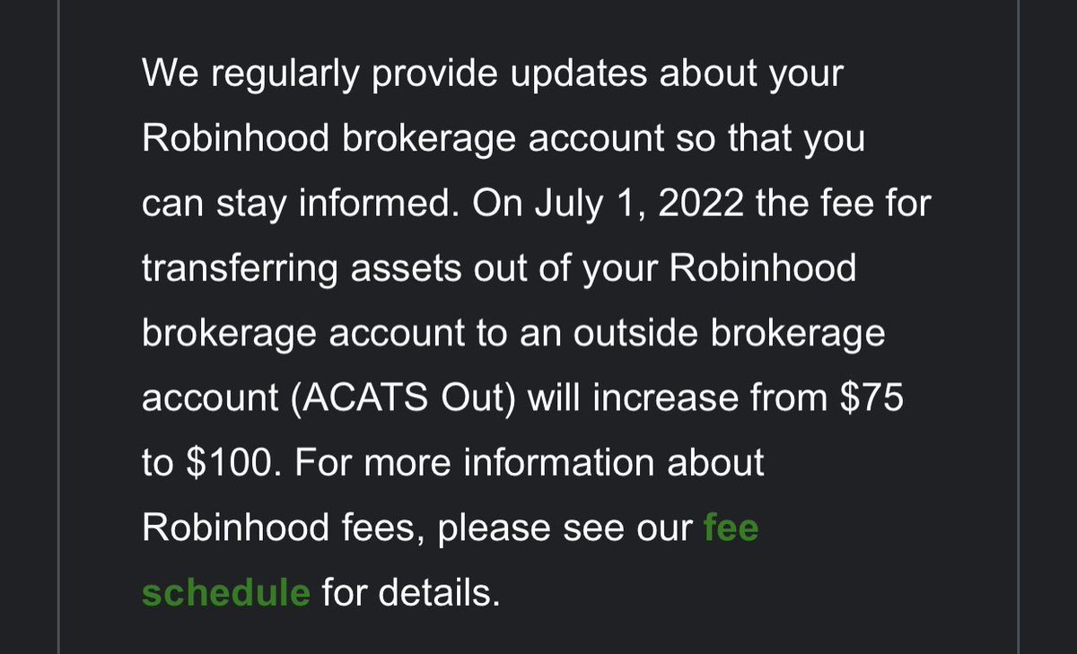TheStalwart's tweet photo. Robinhood is bumping up the fee for moving assets out of your account https://t.co/Qj5wcImUId